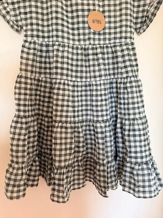 BiBi Olive and White Gingham Tiered Short-Sleeve Mini Dress - Picture 4 of 5